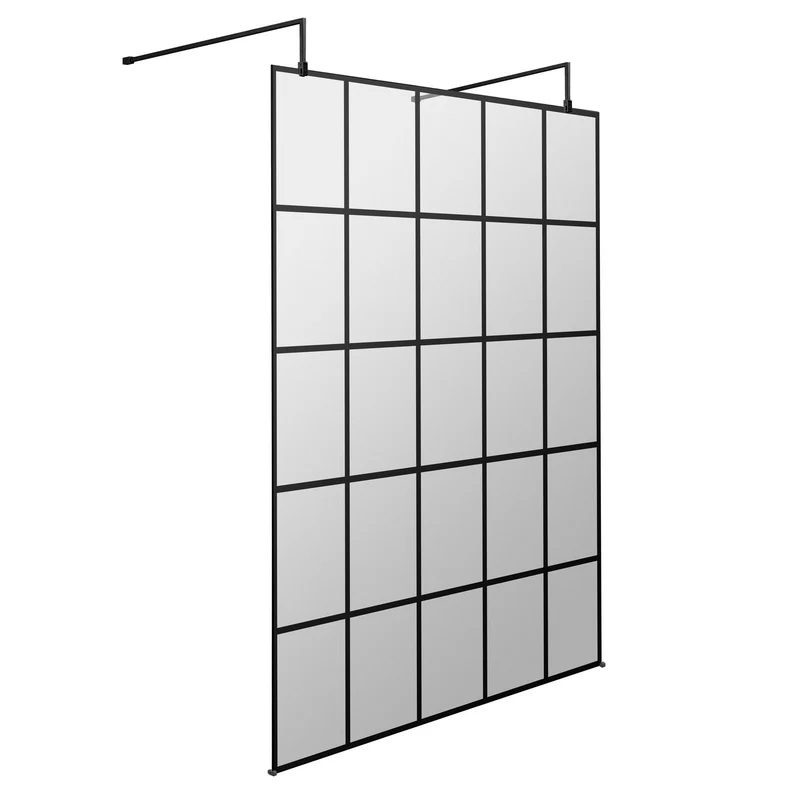 Vista 8mm Matt Black Grid Freestanding Walk-In Shower Screen With Wall Arms - 1950mm With Easy Clean Glass