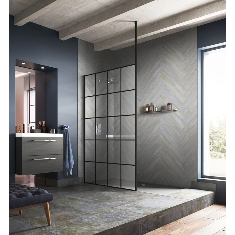Vista 8mm Matt Black Grid Walk-In Shower Screen With Ceiling Post - 1950mm With Easy Clean Glass
