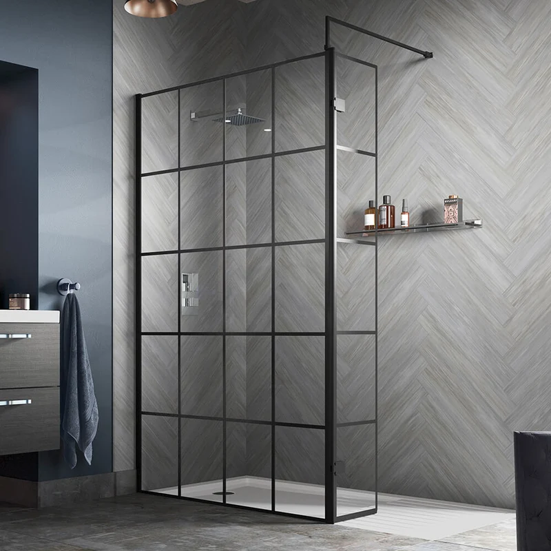 Vista 8mm Matt Black Grid Walk-In Shower Screen With Hinged Return Panel - 1950mm With Easy Clean Glass