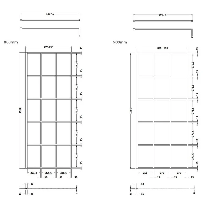 Vista 8mm Matt Black Grid Walk-In Shower Screen With Hinged Return Panel - 1950mm With Easy Clean Glass
