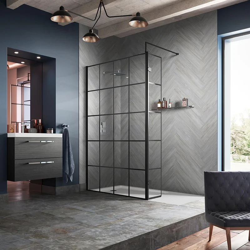 Vista 8mm Matt Black Grid Walk-In Shower Screen With Fixed Return Panel - 1950mm With Easy Clean Glass
