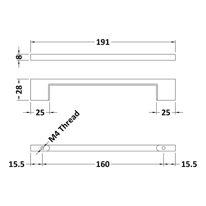 Straight D Bar Furniture Handle, 191mm Wide With 160mm Centres - Copper