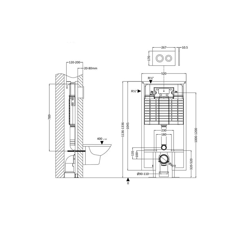 Nuie Concealed Cisterns And Frames Round Dual Flush Push Button Contemporary Chrome Stainless Steel 1136x520x204mm