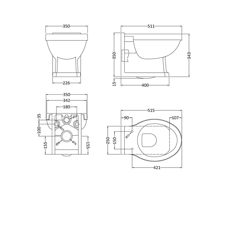 Nuie Carlton Wall Hung Pan Contemporary Matt White Vitreous China 360x352x518mm
