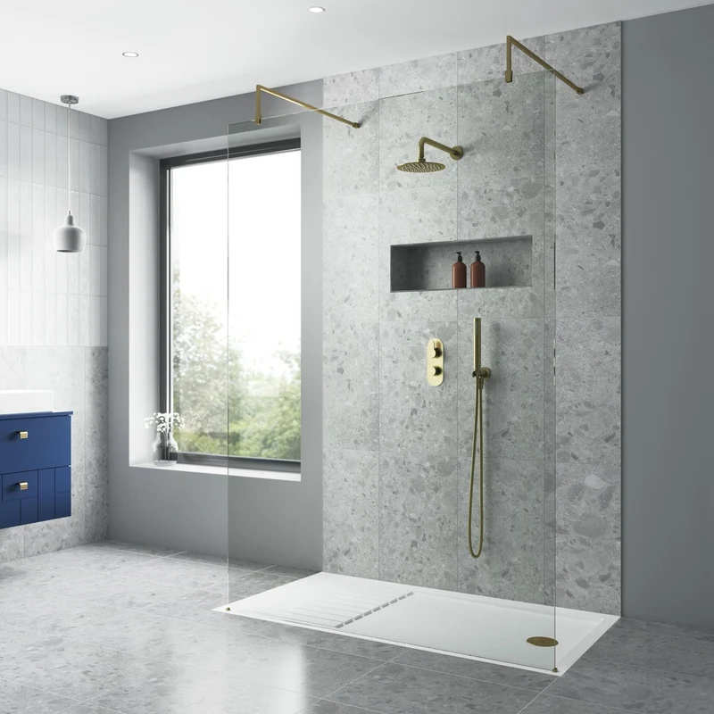 Nuie 1000mm Wetroom Screen With Support Bar Contemporary Brushed Brass Aluminium 1850x1000x14mm