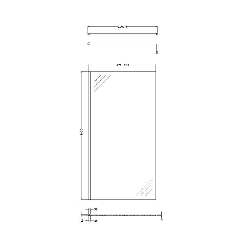 Nuie 1000mm Wetroom Screen With Support Bar Contemporary Brushed Brass Aluminium 1850x1000x14mm