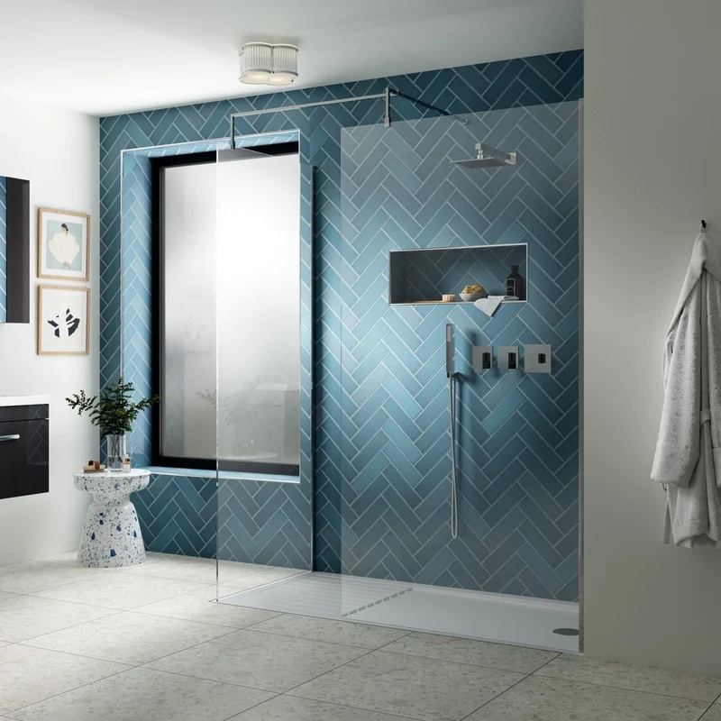 Nuie 900mm Wetroom Screen & Support Bar Contemporary Chrome Aluminium 1850x898x14mm