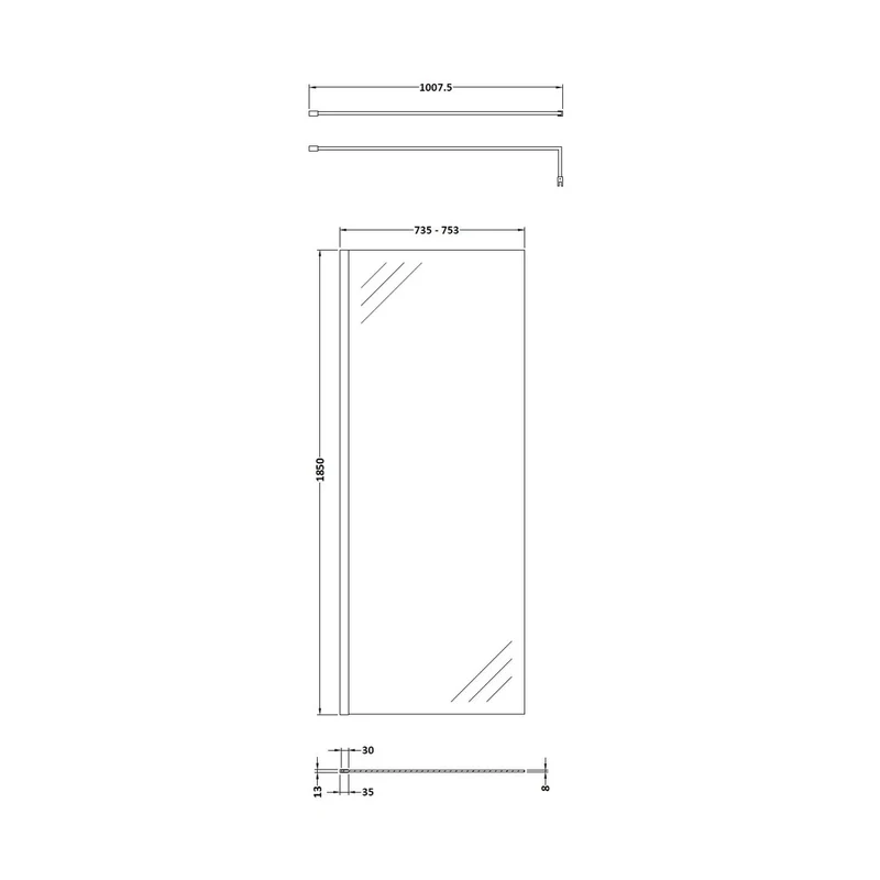 Nuie 760mm Wetroom Screen & Support Bar Contemporary Chrome Aluminium 1850x758x14mm