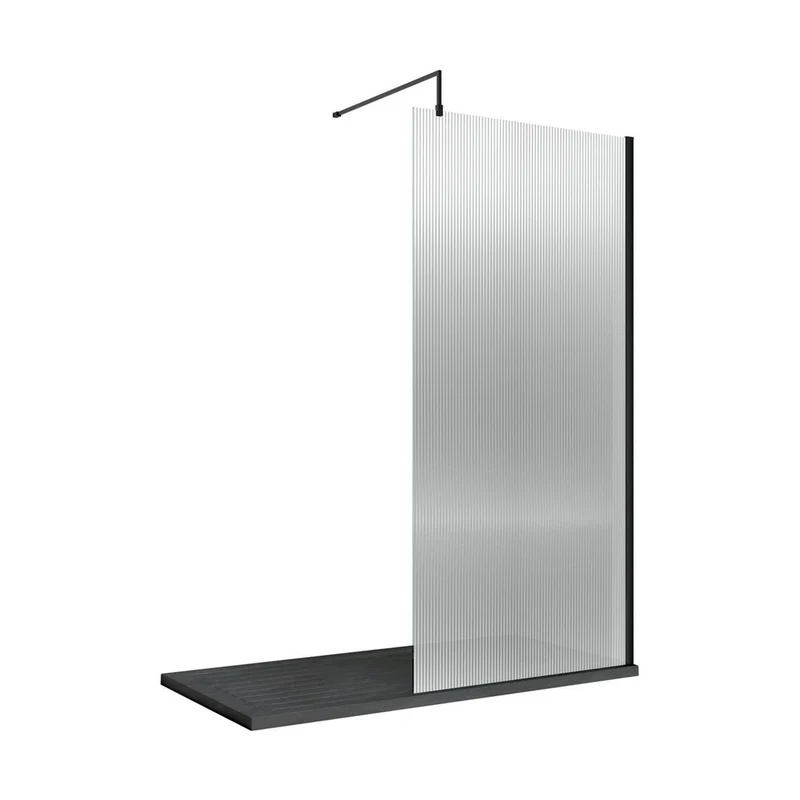 Nuie 900mm Fluted Wetroom Screen With Support Bar Contemporary Matt Black Aluminium 1850x900x13mm