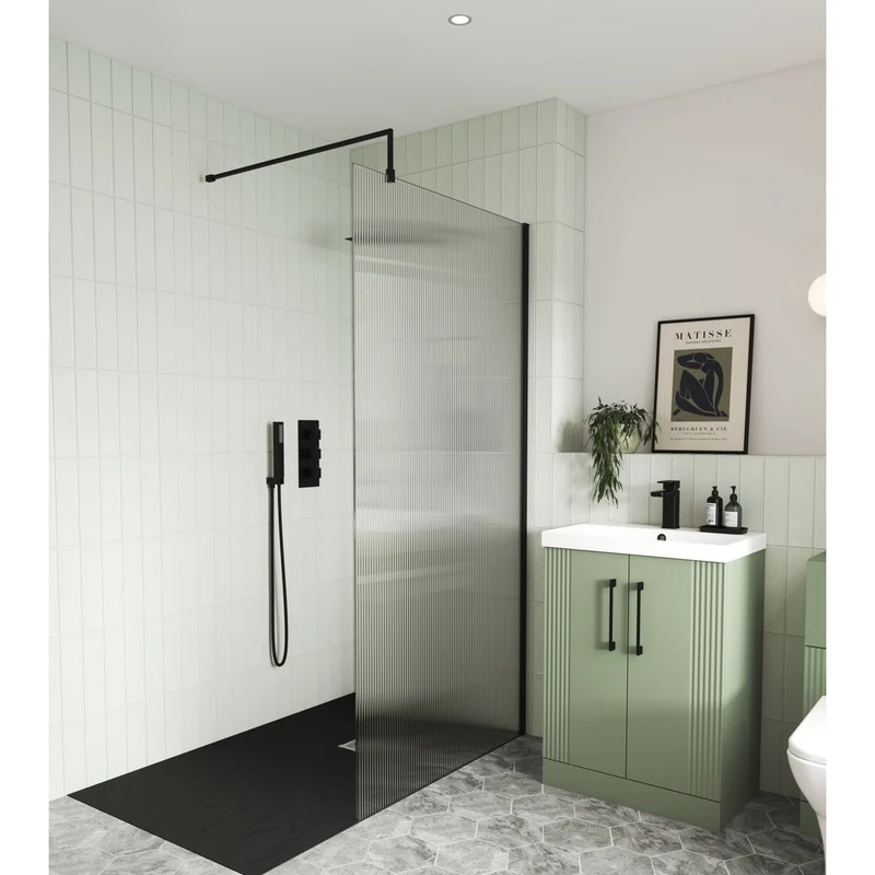 Nuie 900mm Fluted Wetroom Screen With Support Bar Contemporary Matt Black Aluminium 1850x900x13mm