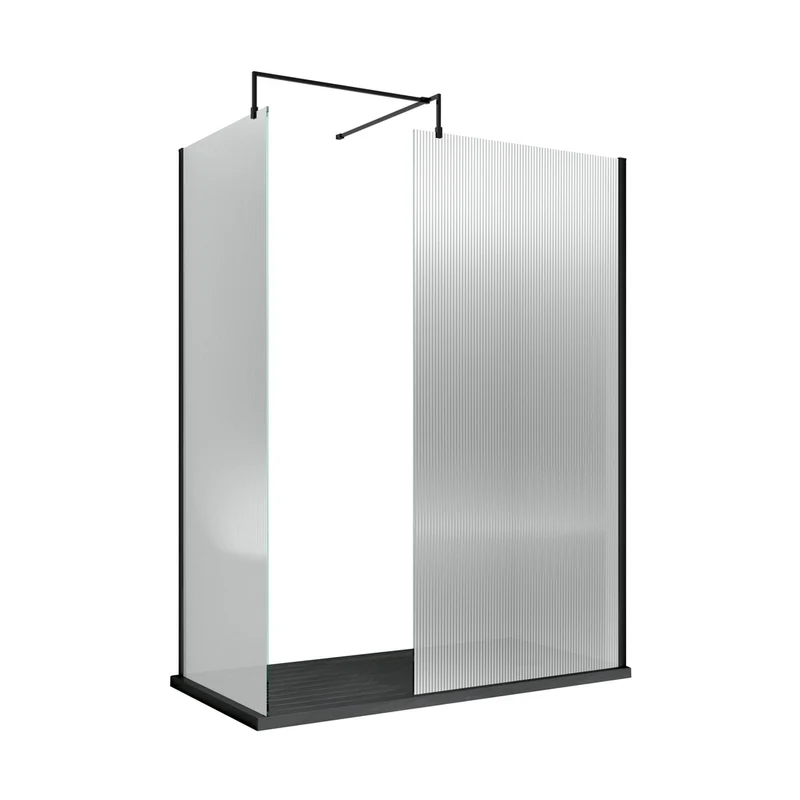 Nuie 900mm Fluted Wetroom Screen With Support Bar Contemporary Matt Black Aluminium 1850x900x13mm