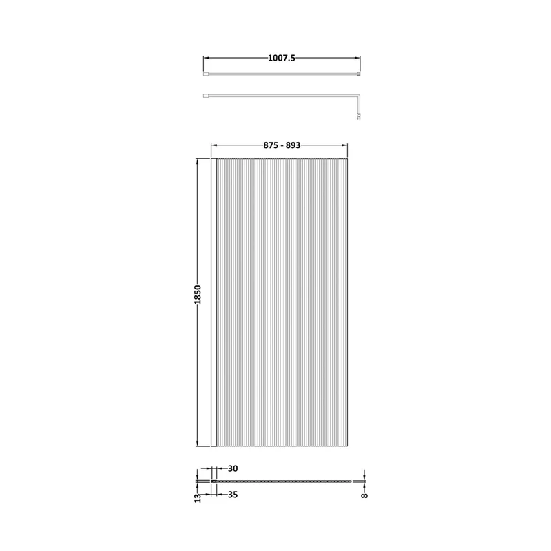 Nuie 900mm Fluted Wetroom Screen With Support Bar Contemporary Matt Black Aluminium 1850x900x13mm