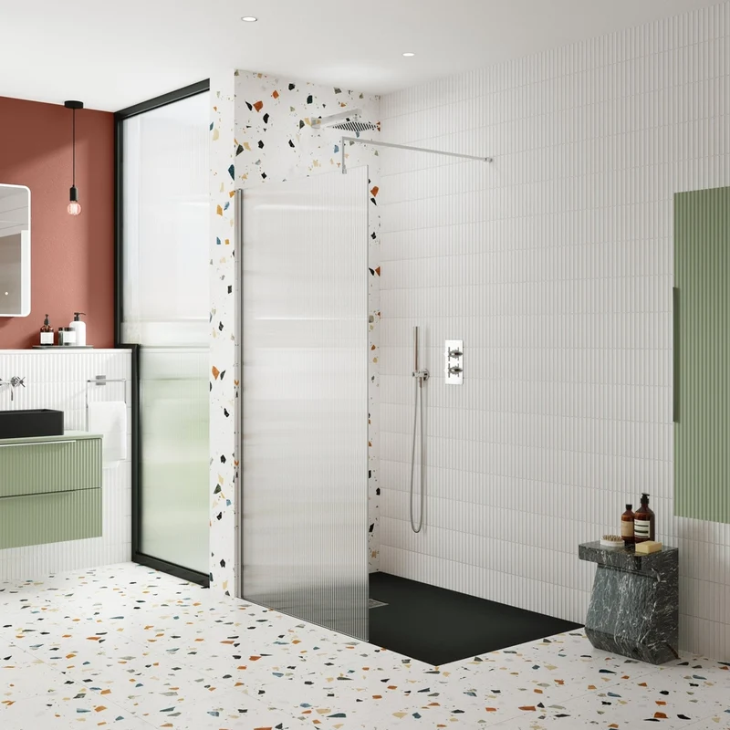 Nuie 900mm Fluted Wetroom Screen With Support Bar Contemporary Chrome Aluminium 1850x900x13mm