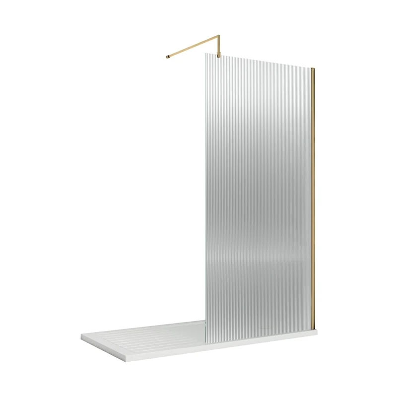 Nuie 800mm Fluted Wetroom Screen With Support Bar Contemporary Brushed Brass Aluminium 1850x800x13mm