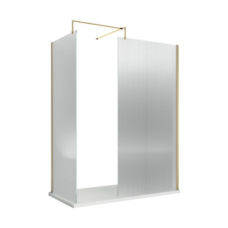 Nuie 800mm Fluted Wetroom Screen With Support Bar Contemporary Brushed Brass Aluminium 1850x800x13mm