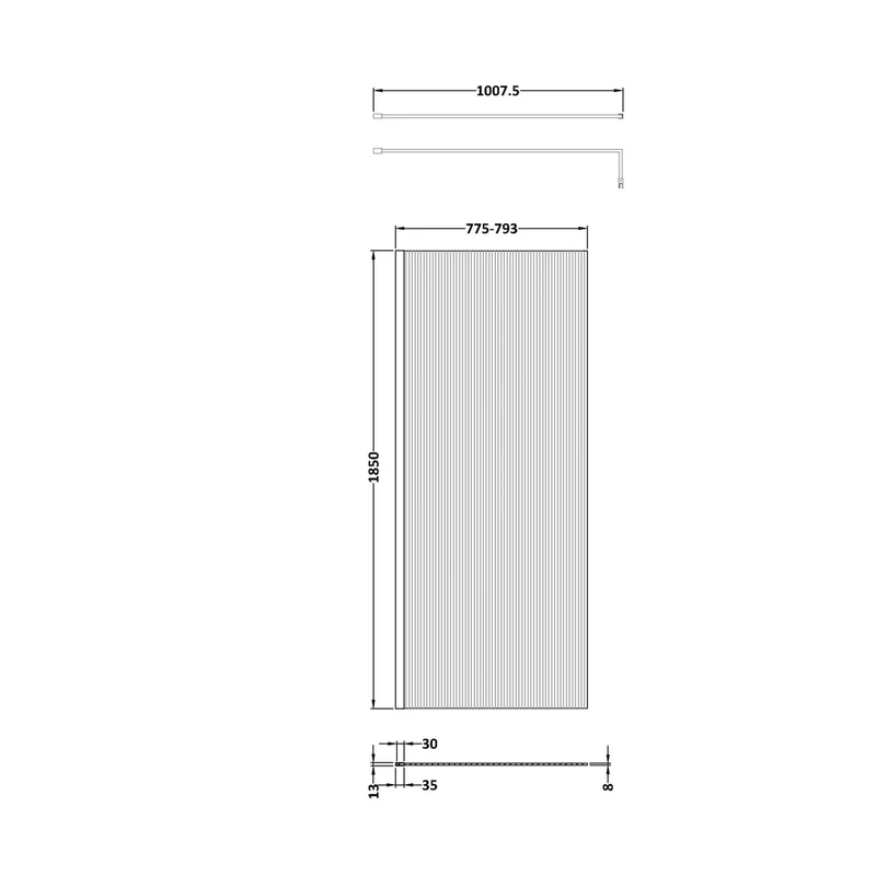 Nuie 800mm Fluted Wetroom Screen With Support Bar Contemporary Chrome Aluminium 1850x800x13mm