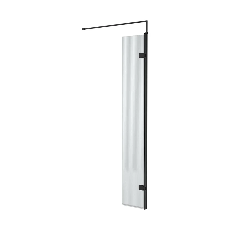 Nuie 300mm Fluted Hinged Screen With Support Bar Contemporary Matt Black Aluminium 1850x322x27mm