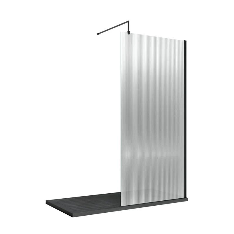 Nuie 1000mm Fluted Wetroom Screen With Support Bar Contemporary Matt Black Aluminium 1850x1000x13mm