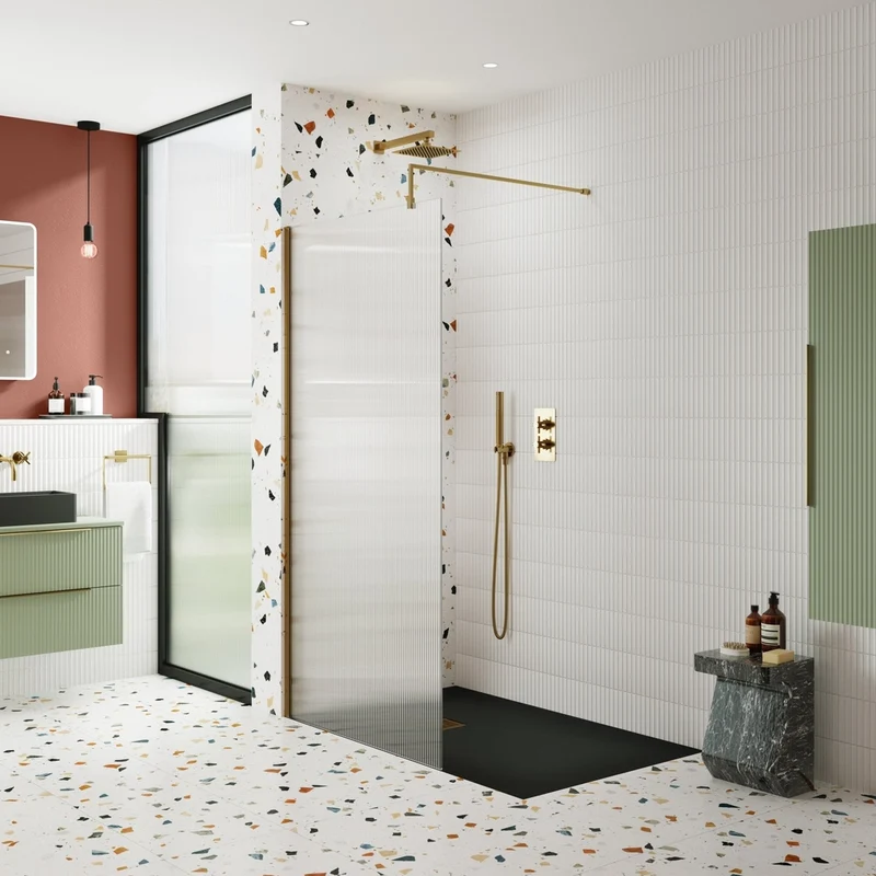 Nuie 1000x1850 Fluted Wetroom Screen Inc' Bar Contemporary Brushed Brass Aluminium 1850x1000x13mm