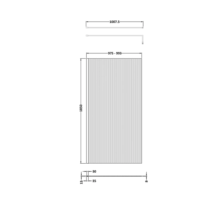 Nuie 1000mm Fluted Wetroom Screen With Support Bar Contemporary Chrome Aluminium 1850x1000x13mm