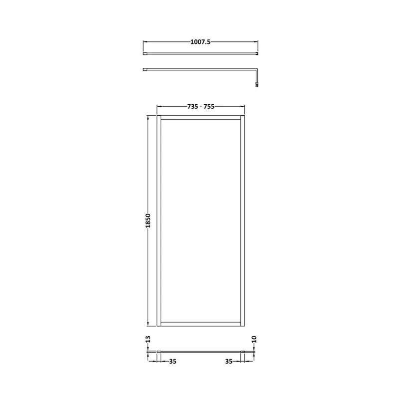 Nuie Full Outer Frame Wetroom Screen 1850x760x8mm Contemporary Matt Black Aluminium 1850x760x13mm