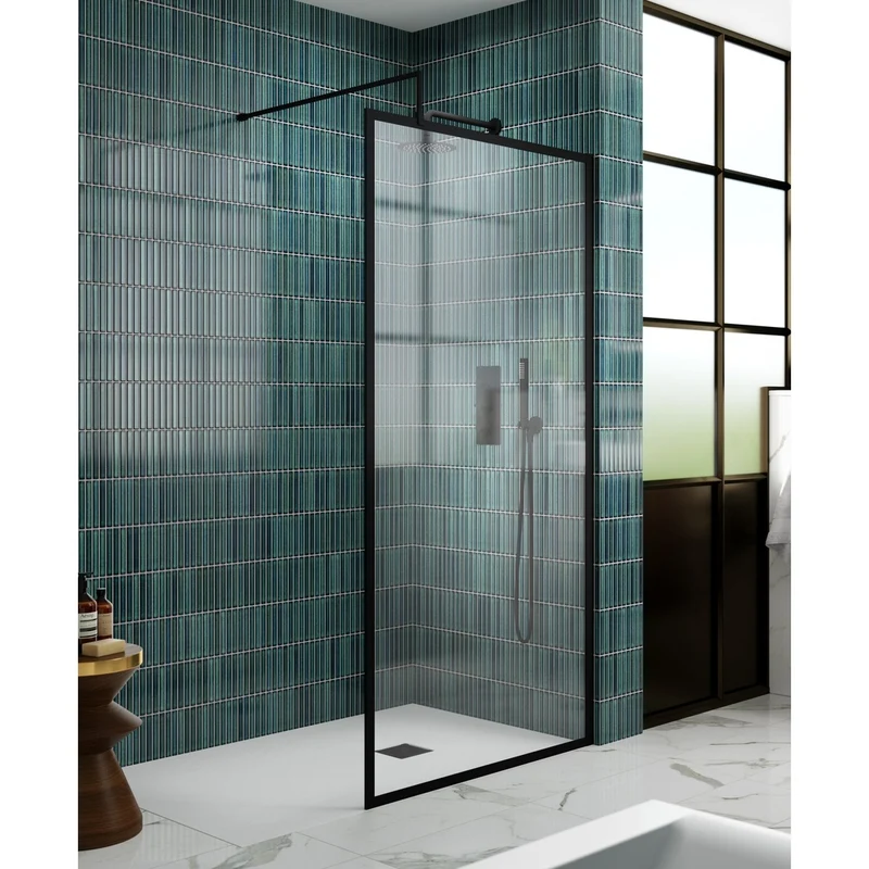 Nuie Full Outer Frame Wetroom Screen 1850x1400x8mm Contemporary Matt Black Aluminium 1850x1400x13mm