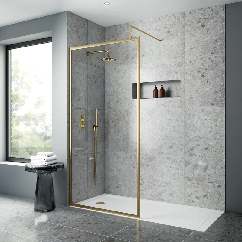 Nuie Full Outer Frame Wetroom Screen 1850x1400x8mm Contemporary Brushed Brass Aluminium 1850x1400x13mm
