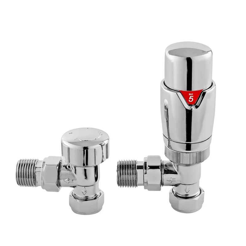 Nuie Radiator Valves Angled Thermostatic Radiator Valve Pack Contemporary Chrome Brass 128x40x40mm