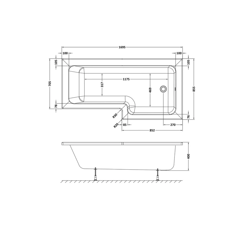 Nuie 1700mm Right Hand Square Shower Bath Contemporary White Acrylic