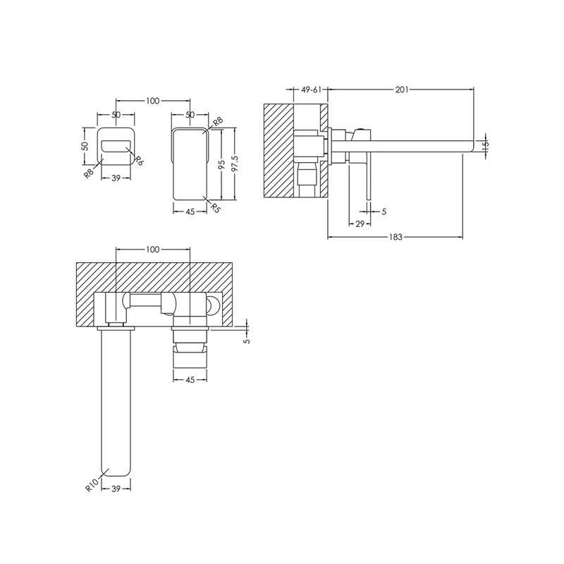Nuie Windon Wall Mounted 2 Tap Hole Basin Mixer Contemporary Chrome Brass,plastic 50x150x201mm