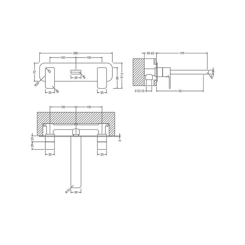 Nuie Windon Wall Mounted 3 Tap Hole Basin Mixer With Plate Contemporary Chrome Brass 75x280x199mm