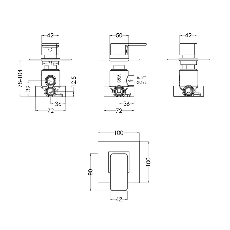Nuie Windon Concealed Diverter 2/3/4 Way Contemporary Chrome Brass 100x100x135mm