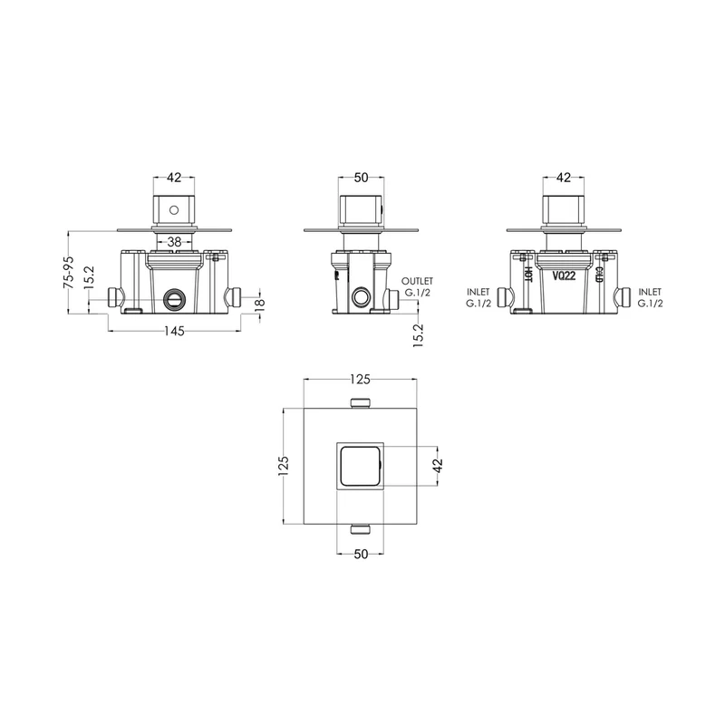 Nuie Windon Thermostatic Temperature Control Valve Contemporary Chrome Brass ABS 125x125x135mm