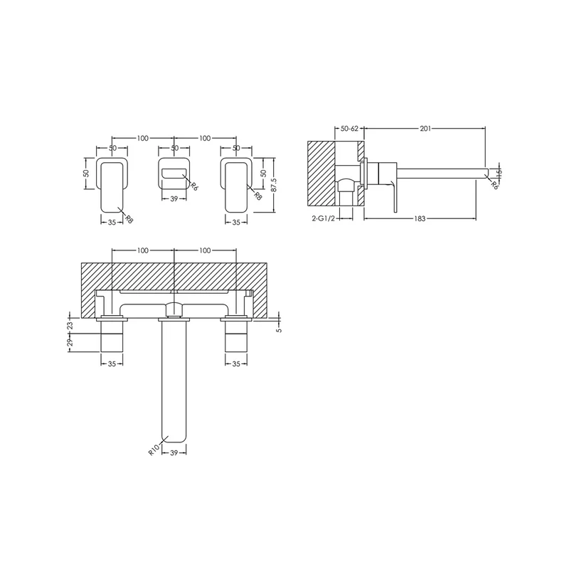 Nuie Windon Wall Mounted 3 Tap Hole Basin Mixer Contemporary Chrome Brass 75x250x201mm