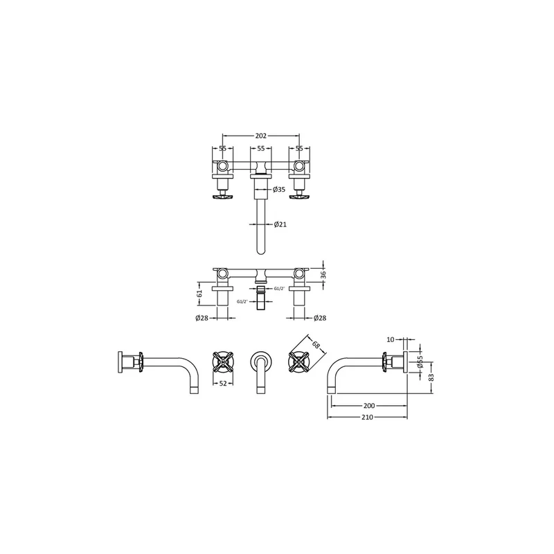 Nuie Aztec Wall Mounted Basin Mixer Contemporary Brushed Brass Brass 113x255x220mm