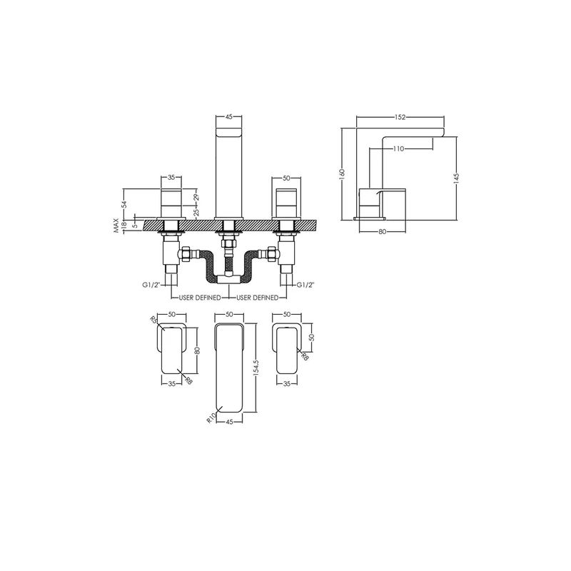 Nuie Windon Deck Mounted 3 Tap Hole Basin Mixer With Pop Up Waste Contemporary Chrome Brass 160x250x152mm