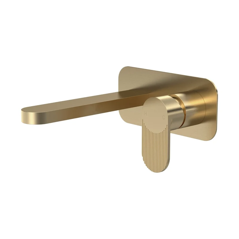 Nuie Cyprus Wall Mounted 2 Tap Hole Basin Mixer With Plate Contemporary Brushed Brass Brass 108x180x193mm