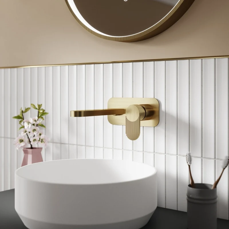 Nuie Cyprus Wall Mounted 2 Tap Hole Basin Mixer With Plate Contemporary Brushed Brass Brass 108x180x193mm