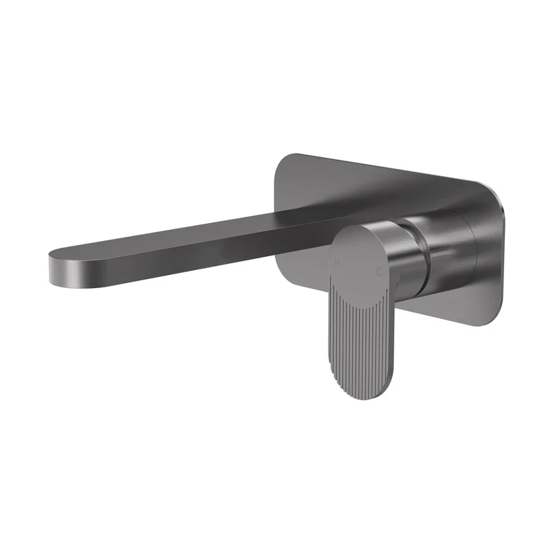 Nuie Cyprus Wall Mounted 2 Tap Hole Basin Mixer With Plate Contemporary Brushed Pewter Brass 108x180x193mm