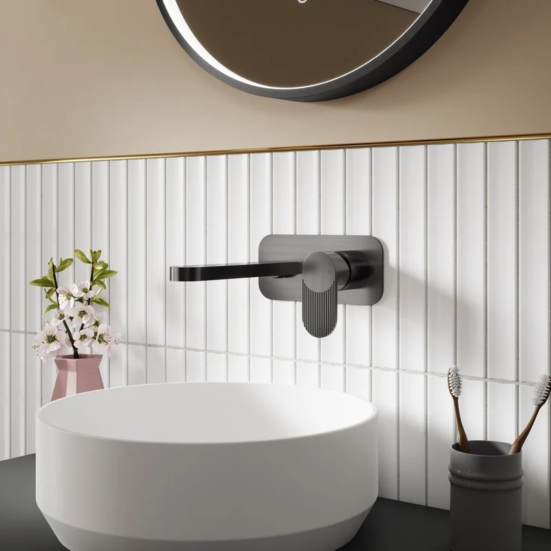 Nuie Cyprus Wall Mounted 2 Tap Hole Basin Mixer With Plate Contemporary Brushed Pewter Brass 108x180x193mm