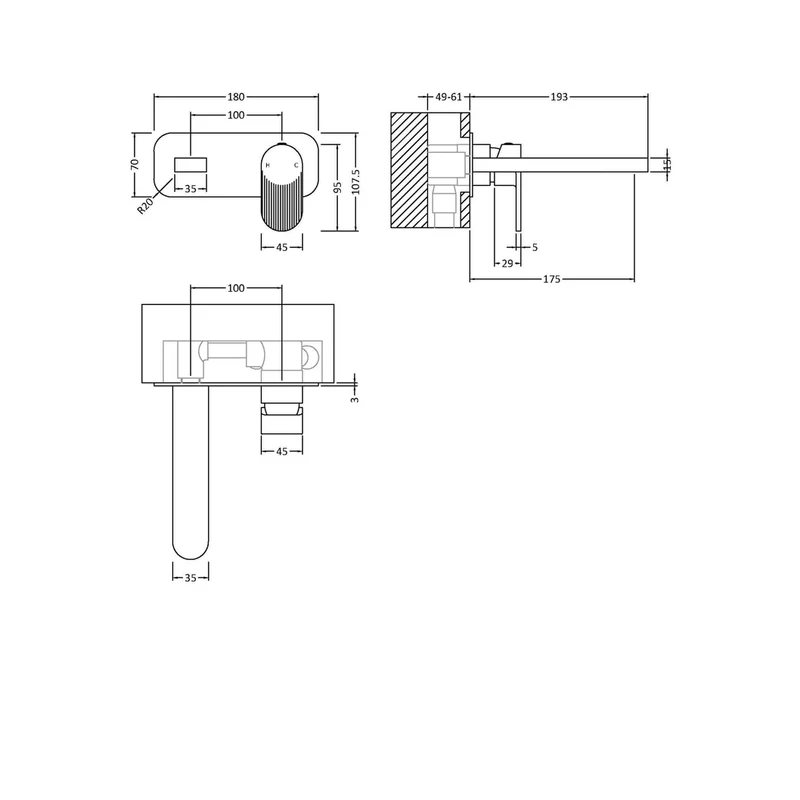 Nuie Cyprus Wall Mounted 2 Tap Hole Basin Mixer With Plate Contemporary Brushed Pewter Brass 108x180x193mm