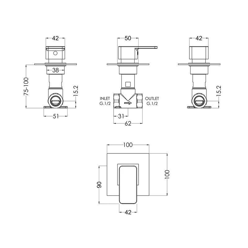 Nuie Windon Concealed Stop Tap Contemporary Chrome Brass 100x100x135mm