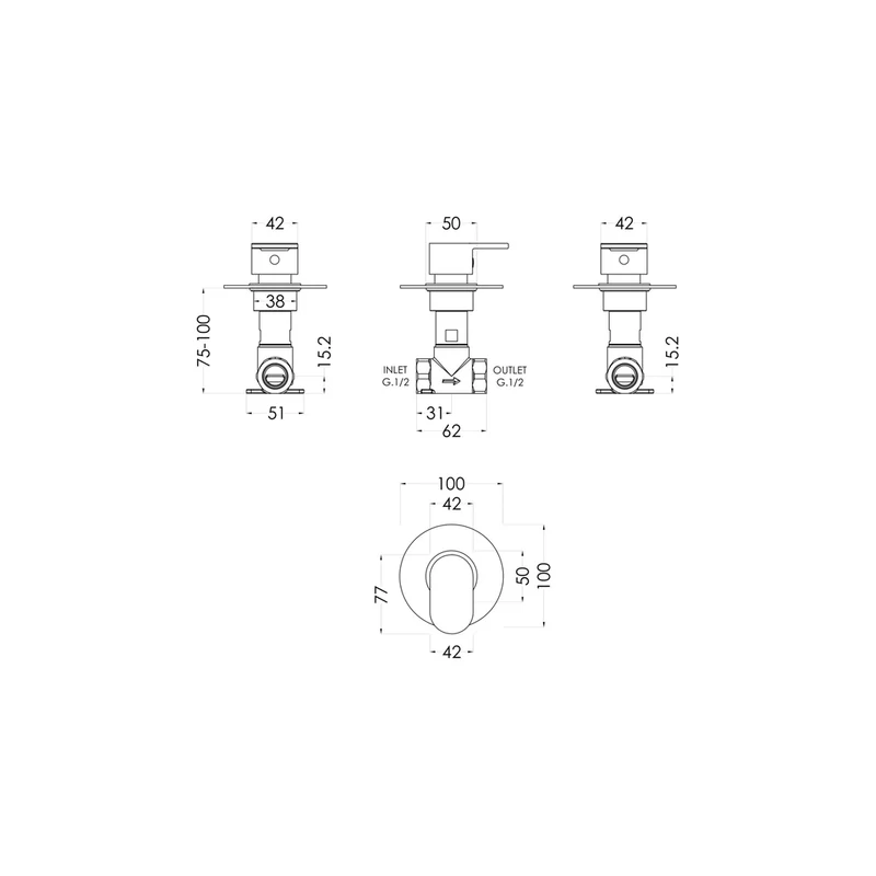 Nuie Binsey Concealed Stop Tap Contemporary Chrome Brass 100x100x135mm