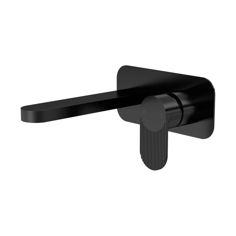 Nuie Cyprus Wall Mounted 2 Tap Hole Basin Mixer With Plate Contemporary Matt Black Brass 108x180x193mm