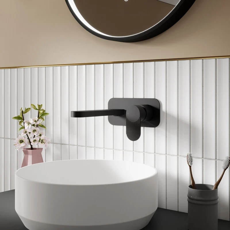 Nuie Cyprus Wall Mounted 2 Tap Hole Basin Mixer With Plate Contemporary Matt Black Brass 108x180x193mm