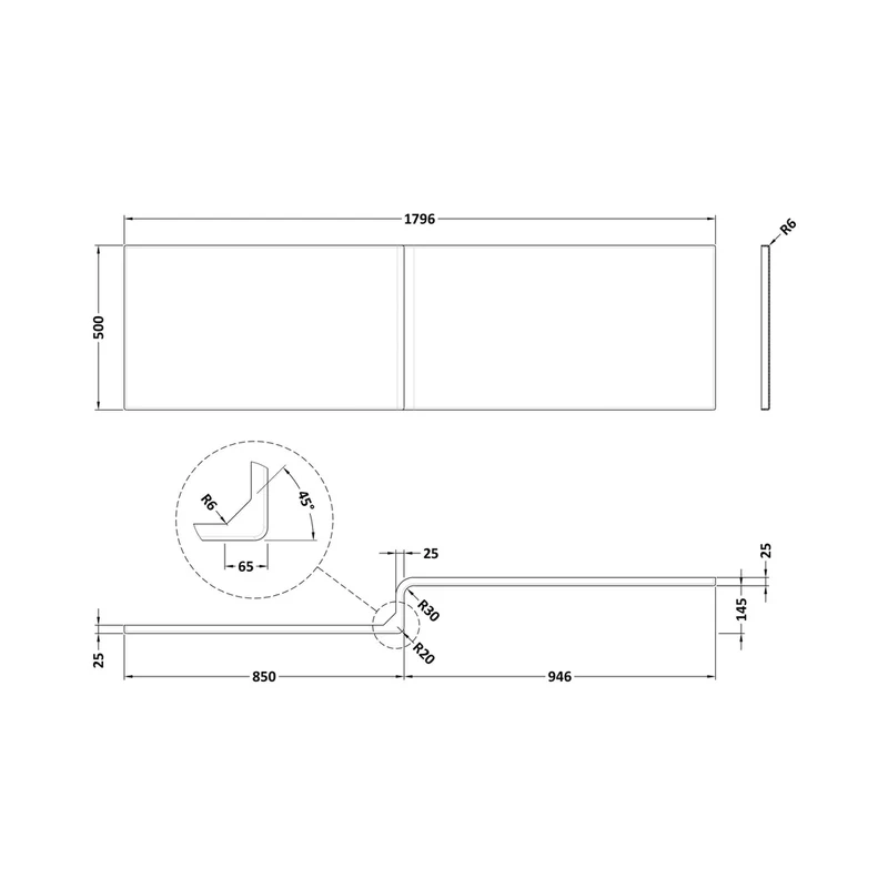 Nuie Shower Bath Front Panel (1800mm) Contemporary Gloss White Acrylic 500x1800x167mm