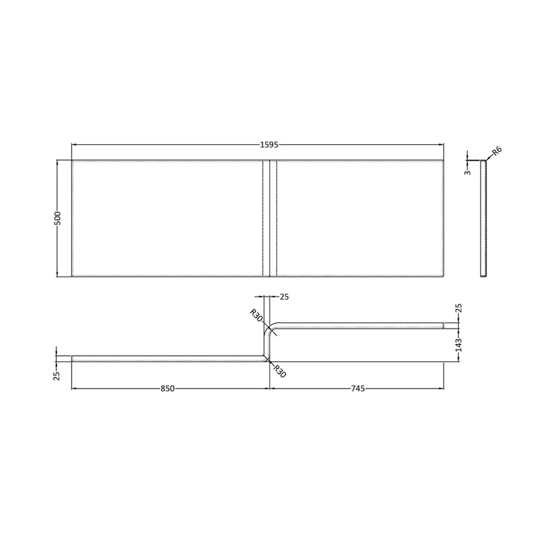 Nuie 1600mm Square Showerbath Front Panel Contemporary European White Acrylic 500x1600x167mm