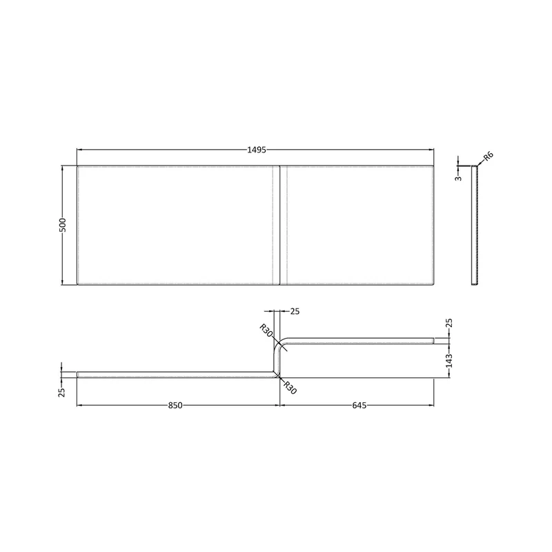 Nuie 1500mm Square Showerbath Front Panel Contemporary White Acrylic 500x1500x150mm