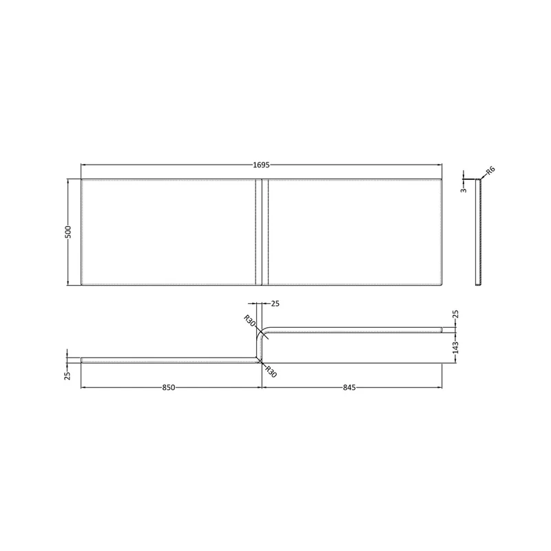Nuie 1700 Sq Showerbath Front Panel Cw Fixing Contemporary European White Acrylic 500x1700x150mm