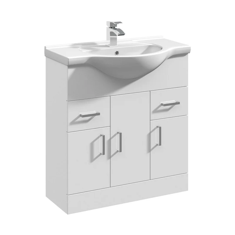 Nuie Mayford 750mm Floor Standing Cabinet & Round Basin Contemporary Gloss White MFC Painted Gloss 836x755x485mm